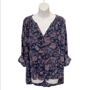 Purple floral pattern flowing top, blouse with roll tab sleeve
